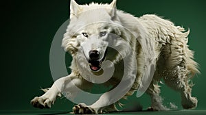 photo of a white wolf howling on dark green background