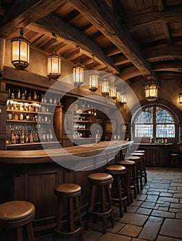 Photo Of Wide Panoramic View Of The Bar Area In A Fantasy Medieval Tavern, Interior, Art Illustration. Generative AI