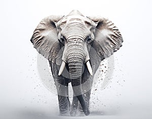 Photo of a wild elephant, big ears, beautiful ivory, walking on a white background. For art texture, presentation design or web