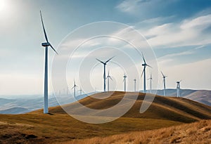 a photo of wind turbines on a hill with a sky background