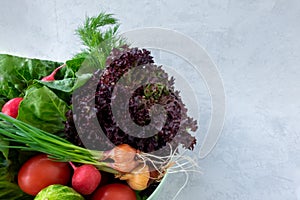 Photo of a wire shopping basket full of fresh fruit and vegetables