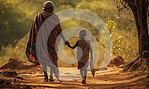 Photo of a woman and child walking down a dirt road