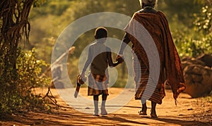 Photo of a woman and child walking down a rural dirt road