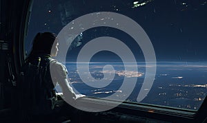 Photo of a woman gazing out of a window in a space station