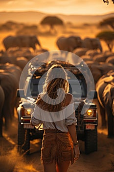 Photo of a woman in a hat approaching a majestic herd of elephants in the wild safary in Africa