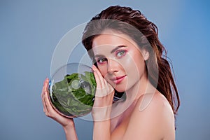 Photo of woman hold glass sphere showing green plants isolated grey color background
