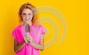 photo of woman with icelolly ice cream at summer, copy space. woman with icelolly ice cream photo