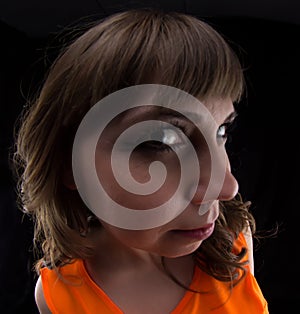 Photo of woman in orange dress, fish eye