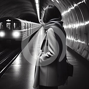 Photo of a Woman watching the subway passing. ai generative