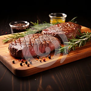 Photo Wooden cutting board scene grilled beef steak with rosemary spices