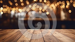 Photo of a wooden table top with blurry lights in the background