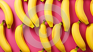 Photo of yellow bananas staggered on a pink background.