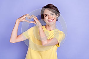 Photo of young adorable nice perfect girl toothy smile positive showing like heart sign symbol lovely cute isolated on