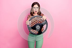 Photo of young angry driver confused woman wear retro stylish shirt summertime accident problem steering wheel isolated