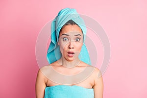 Photo of young asian woman amazed shocked sad upset spa treatment isolated over pastel color background