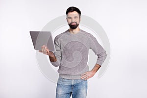 Photo of young attractive businessman high spirits use laptop seminar coacher isolated over grey color background