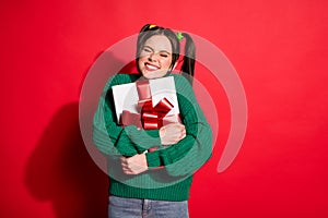 Photo of young attractive excited cheerful positive female hug embrace gift present isolated on red color background