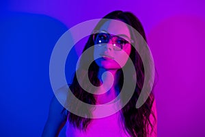 Photo of young attractive girl curly hair neon lights wear glasses enjoy party nightclub  over vibrant color