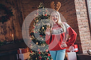 Photo of young attractive girl happy positive smile costume reindeer antlers drink champagne toast tree decoration noel