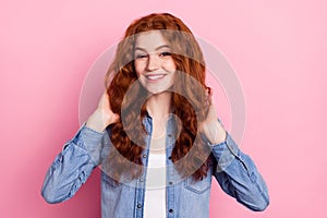 Photo of young attractive girl happy positive smile hands touch foxy hair new hairdo  over pink color background