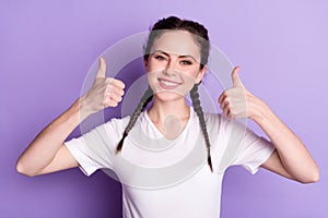 Photo of young attractive girl happy positive smile show thumb-up like cool ad advice isolated over purple color