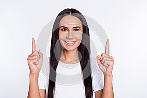 Photo of young attractive woman happy positive smile indicate fingers up ad promo advice select isolated over white
