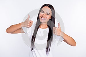 Photo of young attractive woman happy positive smile show thumbs-up like cool feedback suggest isolated over white color