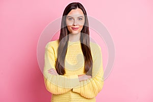 Photo of young beautiful confident smiling positive good mood girl crossed arms  on pink color background