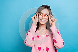 Photo of young business lady wear cute print cardigan touch her spectacles look mockup ophthalmology price list isolated