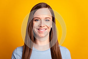 Photo of young cheerful girl toothy smile cavity protection clinic isolated over yellow color background