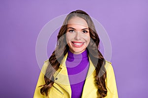 Photo of young cheerful girl toothy smile cavity protection stomatology isolated over violet color background