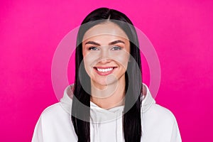 Photo of young cheerful girl toothy smile dental care caries protection clinic isolated over magenta color background