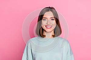 Photo of young cheerful girl toothy smile visit clinic whitening oral care isolated over pink color background
