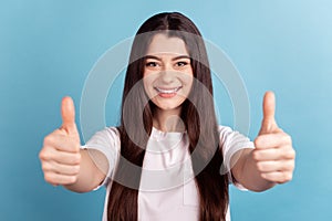 Photo of young cheerful lady show thumb-up advertising perfect great isolated over blue color background