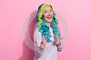 Photo of young cheerful positive lady laughing point fingers you say hello hi isolated on pink color background