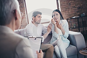 Photo of young couple appointment psychotherapist loft interior office indoors