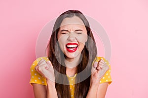 Photo of young excited crazy girl happy smile rejoice win victory success isolated over pastel color background