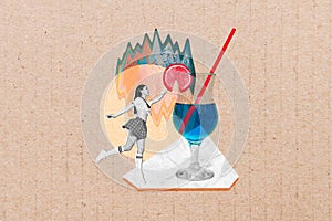Photo of young funny woman jumping make cocktail vermouth drink straw slice fresh orange poster pub promo isolated on