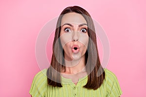 Photo of young girl amazed speechless stupor fake news gossip omg isolated over pink color background photo