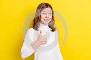 Photo of young girl happy positive smile show thumb-up like cool advert advice fine  over yellow color