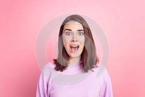 Photo of young girl stupor scared amazed shock fake news information isolated over pink color background