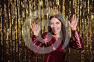 Photo of young happy excited smiling beautiful girl with crown on head celebrate prom  on glittered background