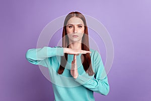 Photo of young lattractive woman confident show hands time out stop symbol  over violet color background