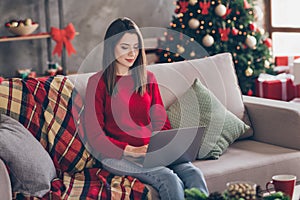 Photo of young pretty cute woman sit sofa hold netbook wear red pullover jeans in decorated living room home indoors