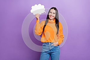 Photo of young pretty woman thinking hold paper white cloud idea empty space space decision solve problem idea isolated
