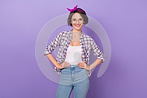 Photo of young pretty woman wear casual outfit fifties eyeglasses isolated over violet color background