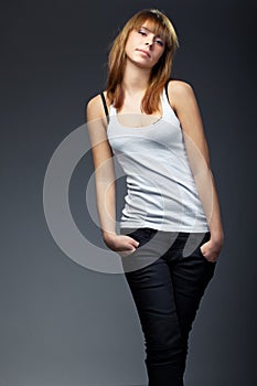 Photo of young sensual woman in jeans