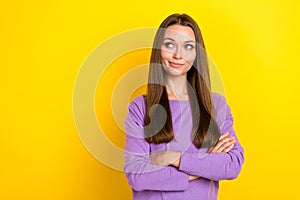 Photo of young successful office worker manager lady folded hands looking dreamy empty space useful information advert