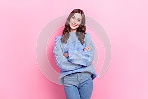 Photo of young successful rich business lady wear casual comfort outfit blue knitted pullover folded arms posing