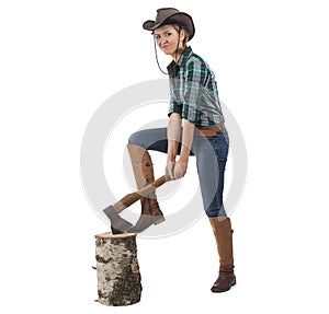 Photo of young woman chops wood